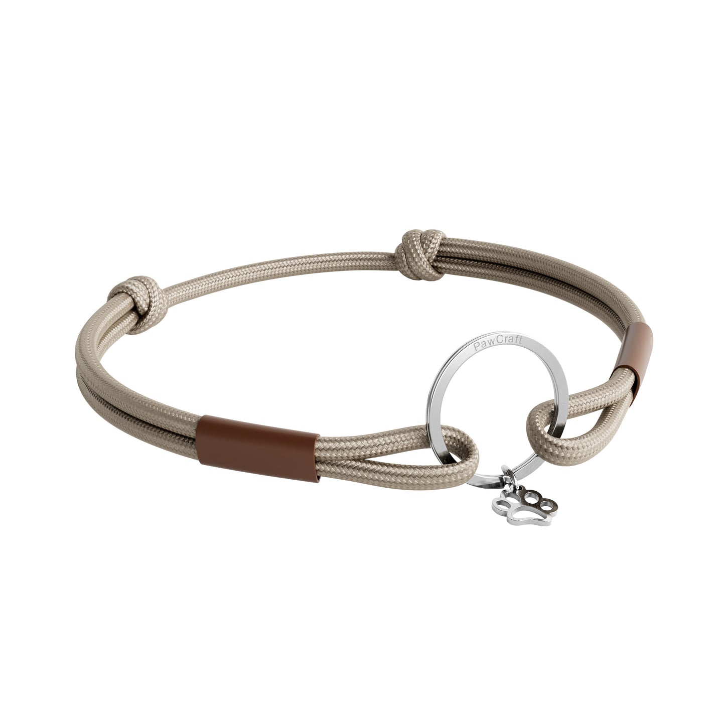 TagHug Classic Beige paracord collar ID tag holder for dogs and cats. Goes with any collar or harness. Handmade pet accessory. Front view.