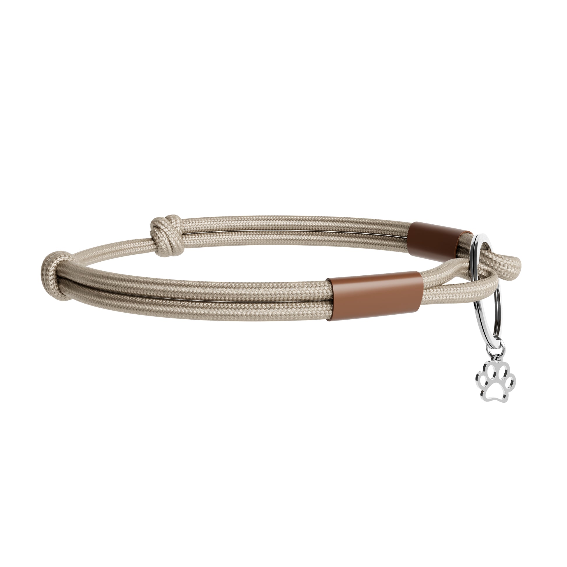 TagHug Classic Beige paracord collar ID tag holder for dogs and cats. Goes with any collar or harness. Handmade pet accessory. Side view.