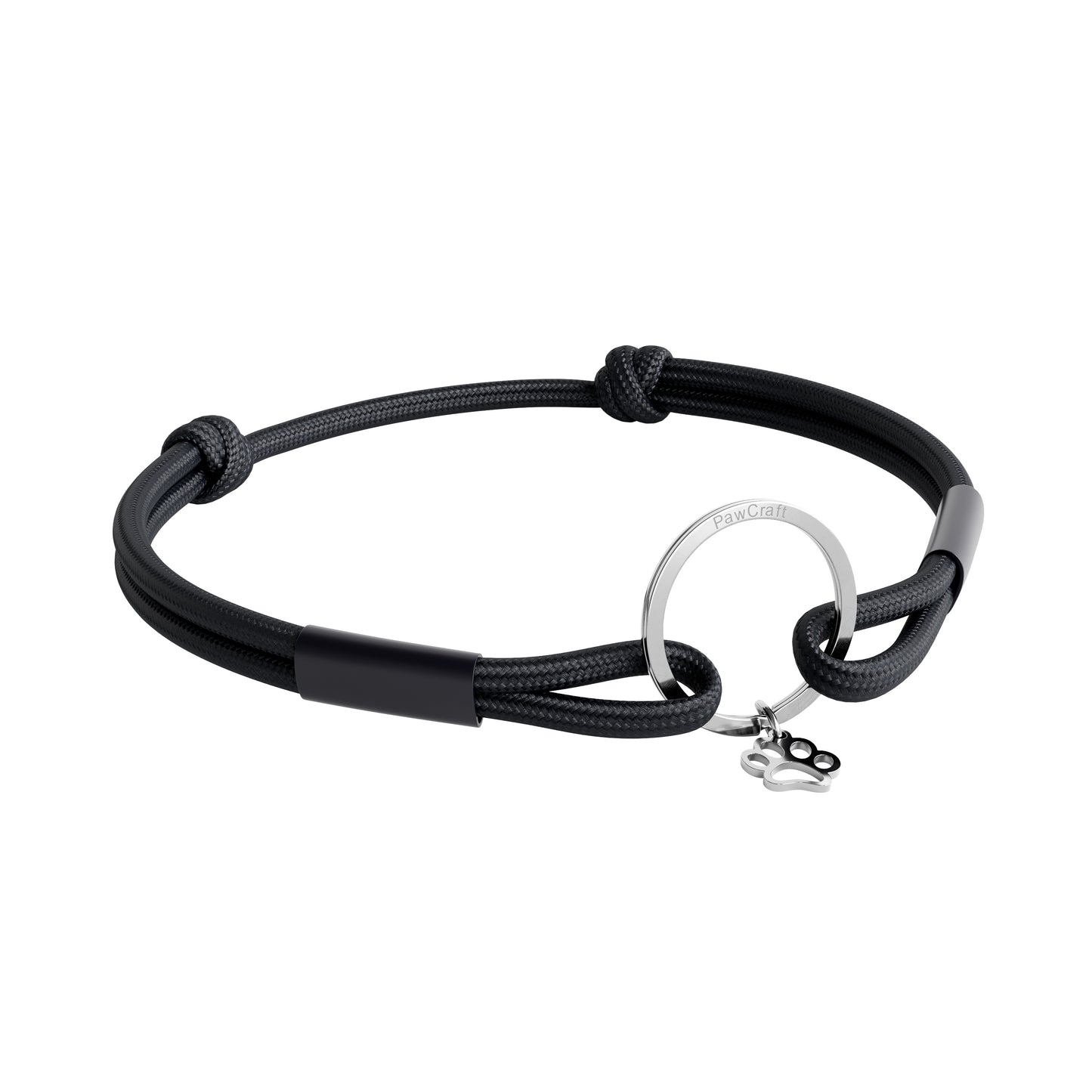 TagHug Classic Black paracord collar ID tag holder for dogs and cats. Goes with any collar or harness. Handmade pet accessory. Front view