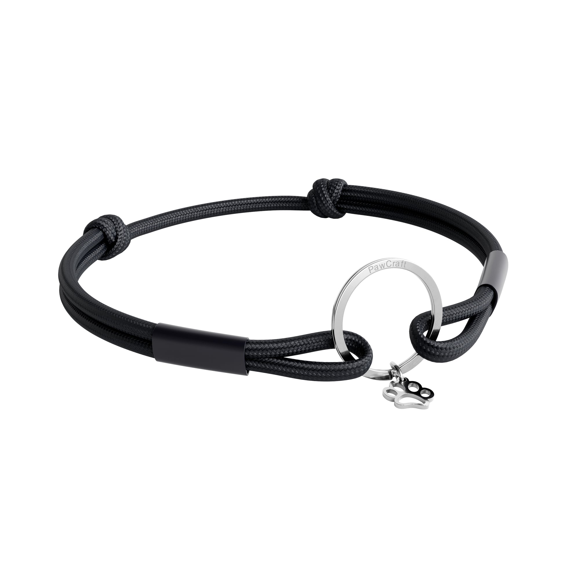 TagHug Classic Black paracord collar ID tag holder for dogs and cats. Goes with any collar or harness. Handmade pet accessory. Front view