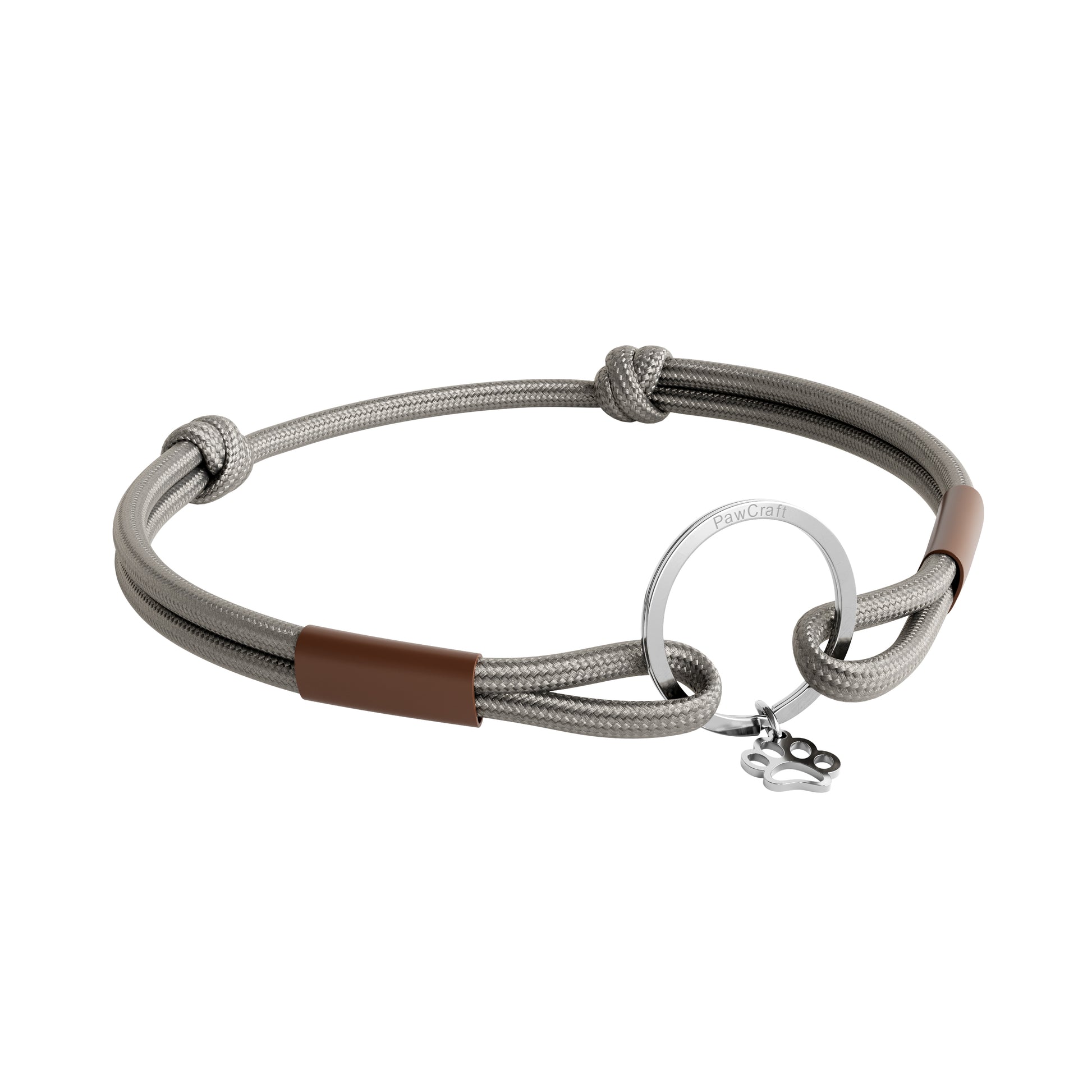 TagHug Classic Mocha Brown paracord collar ID tag holder for dogs and cats. Goes with any collar or harness. Handmade pet accessory. Front view.