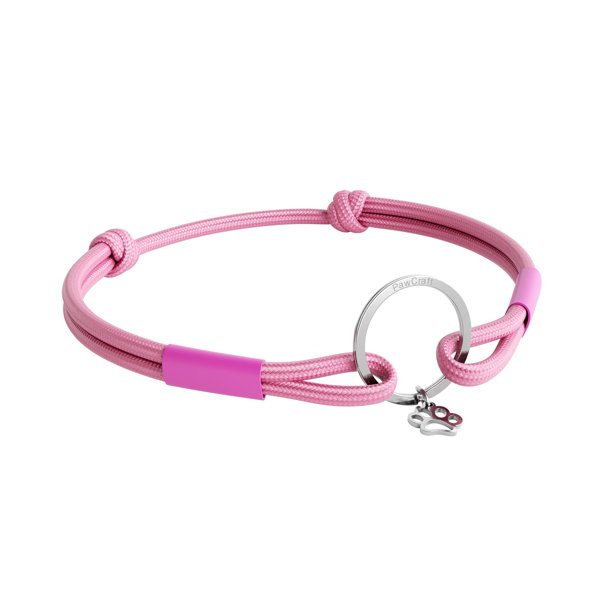 TagHug Classic Pink paracord collar ID tag holder for dogs and cats. Goes with any collar or harness. Handmade pet accessory. Front view