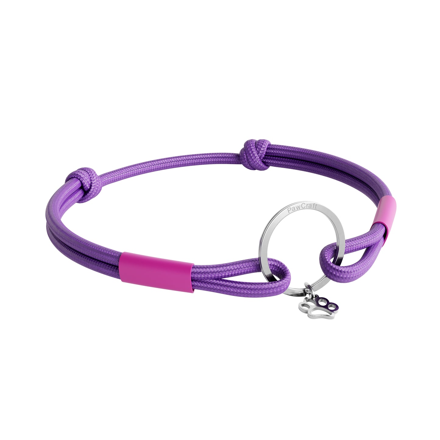 TagHug Classic Purple paracord collar ID tag holder for dogs and cats. Goes with any collar or harness. Handmade pet accessory. Front side.