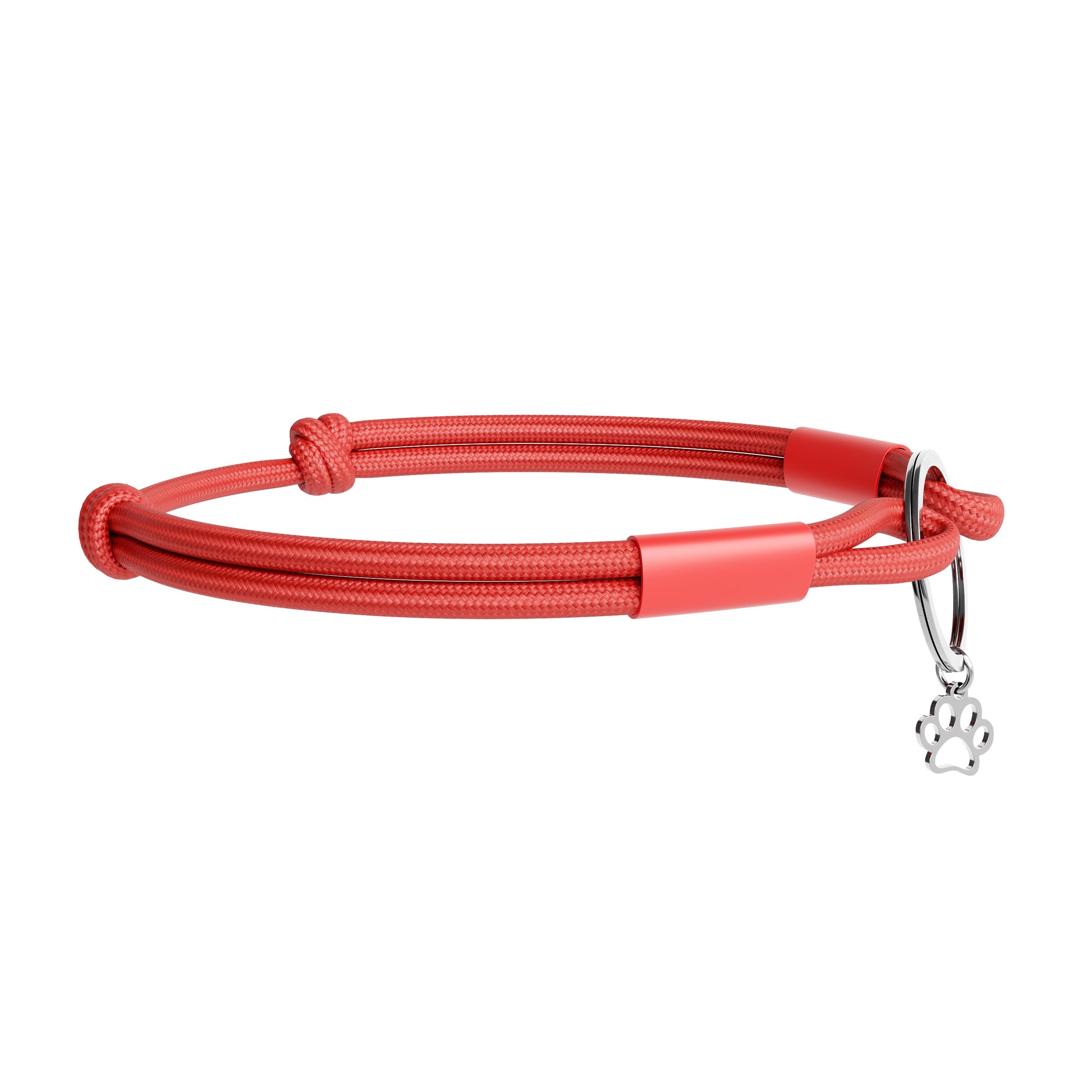 TagHug Classic Red paracord collar ID tag holder for dogs and cats. Goes with any collar or harness. Handmade pet accessory. Side view.