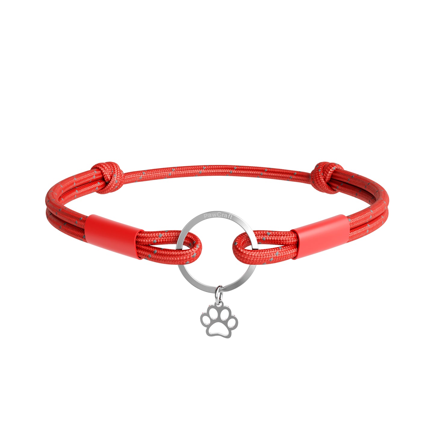 Red id tag collar with a silver paw charm on a white background