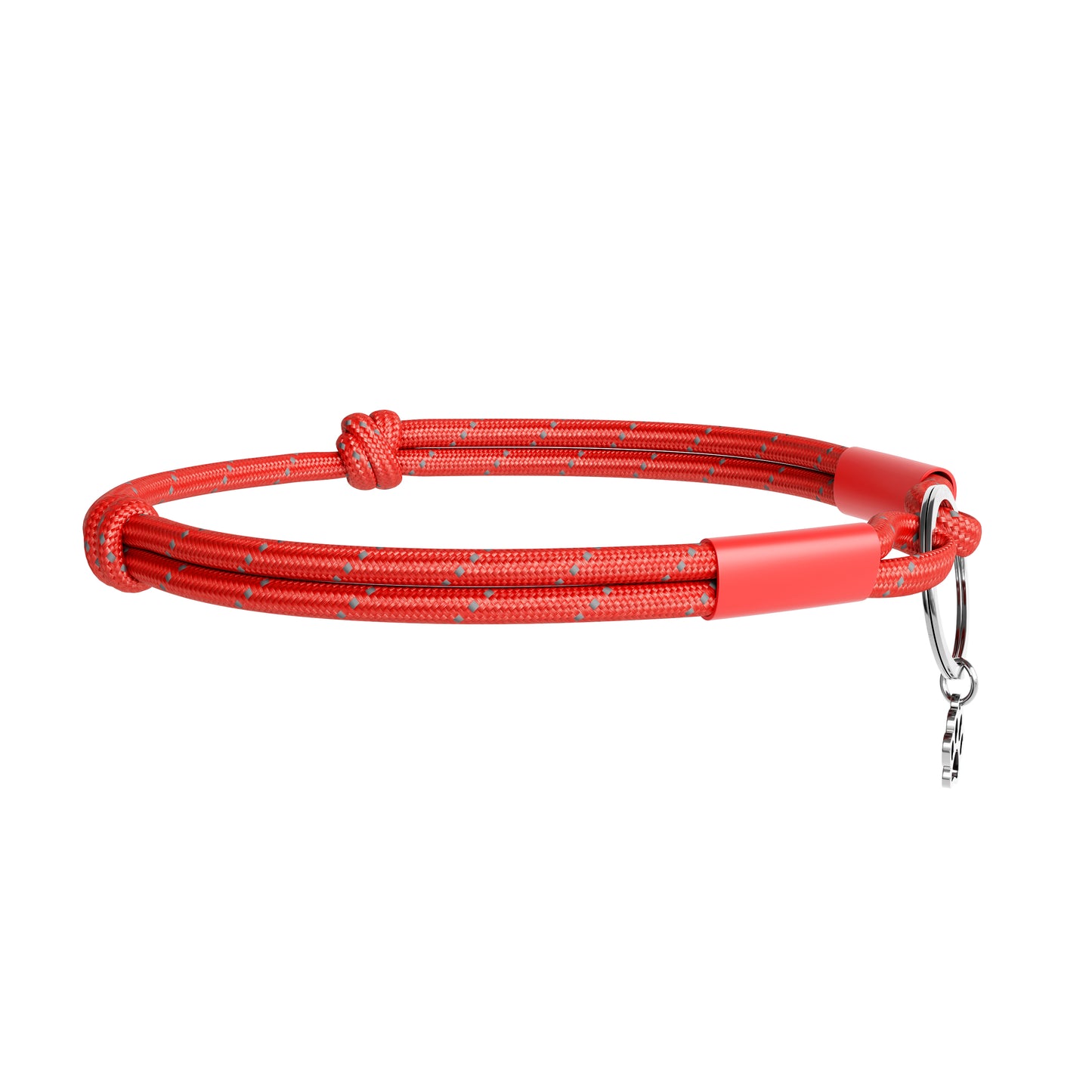 Red dog leash with a metal clip on a white background