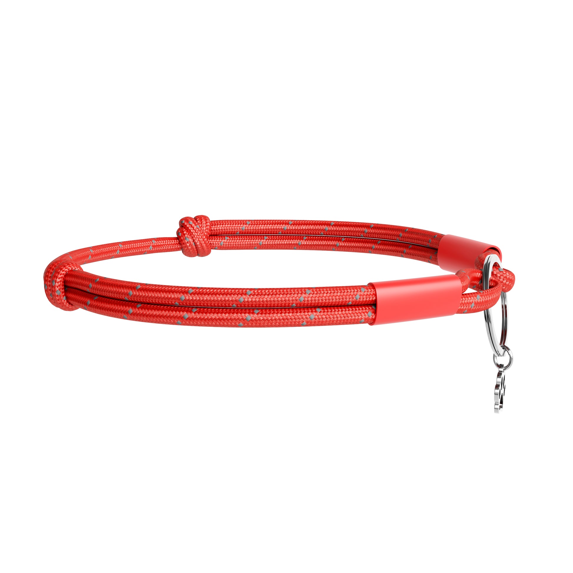 Red dog leash with a metal clip on a white background