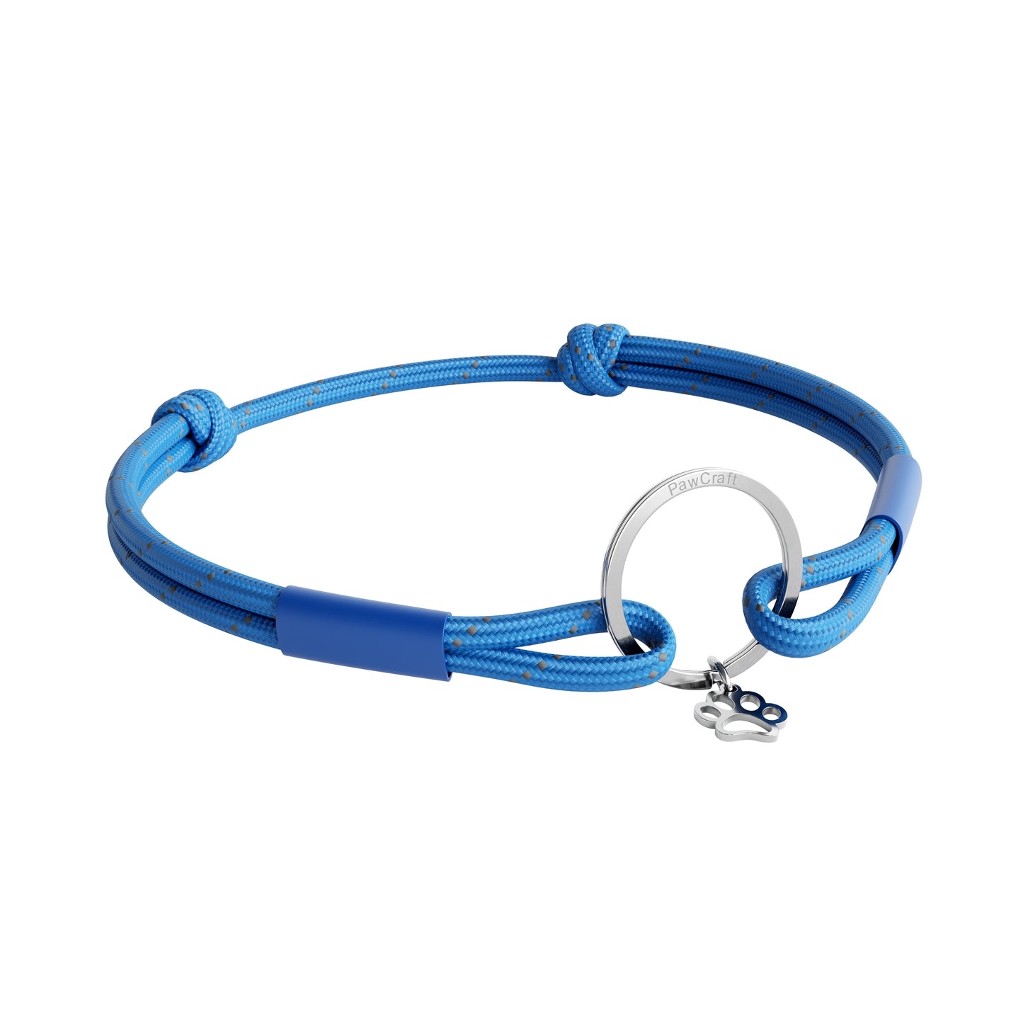 TagHug Reflective Blue ID tag holder on dog collar. Reflective handmade pet accessory for pets.