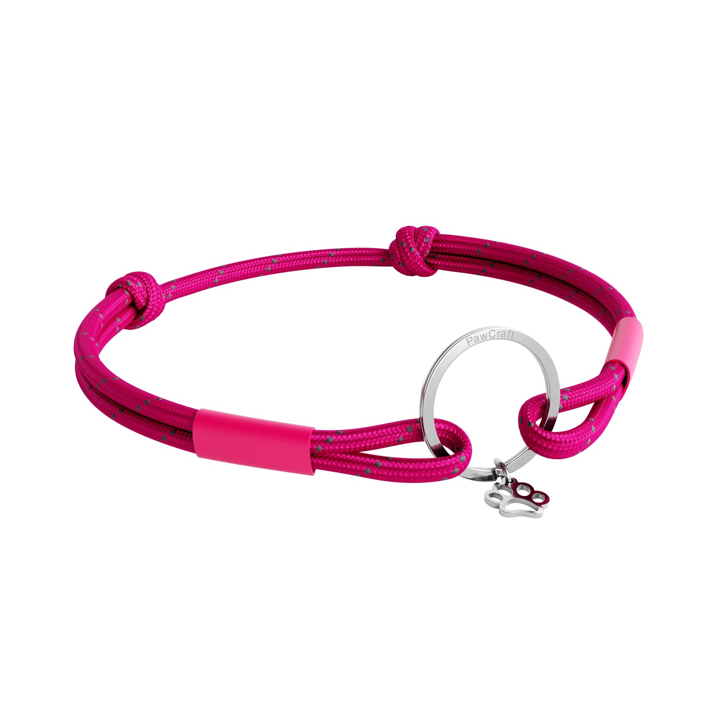 TagHug Reflective Fuchsia ID tag holder on pet collar. Reflective handmade accessory for dogs and cats.