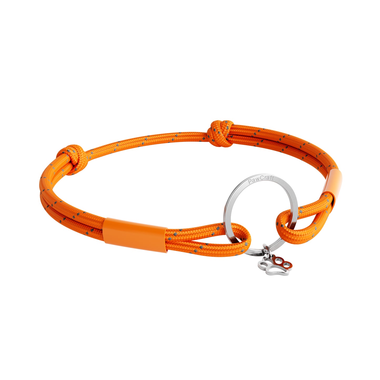 TagHug Reflective Orange ID tag holder on pet collar. Reflective handmade pet accessory for everyday safety.