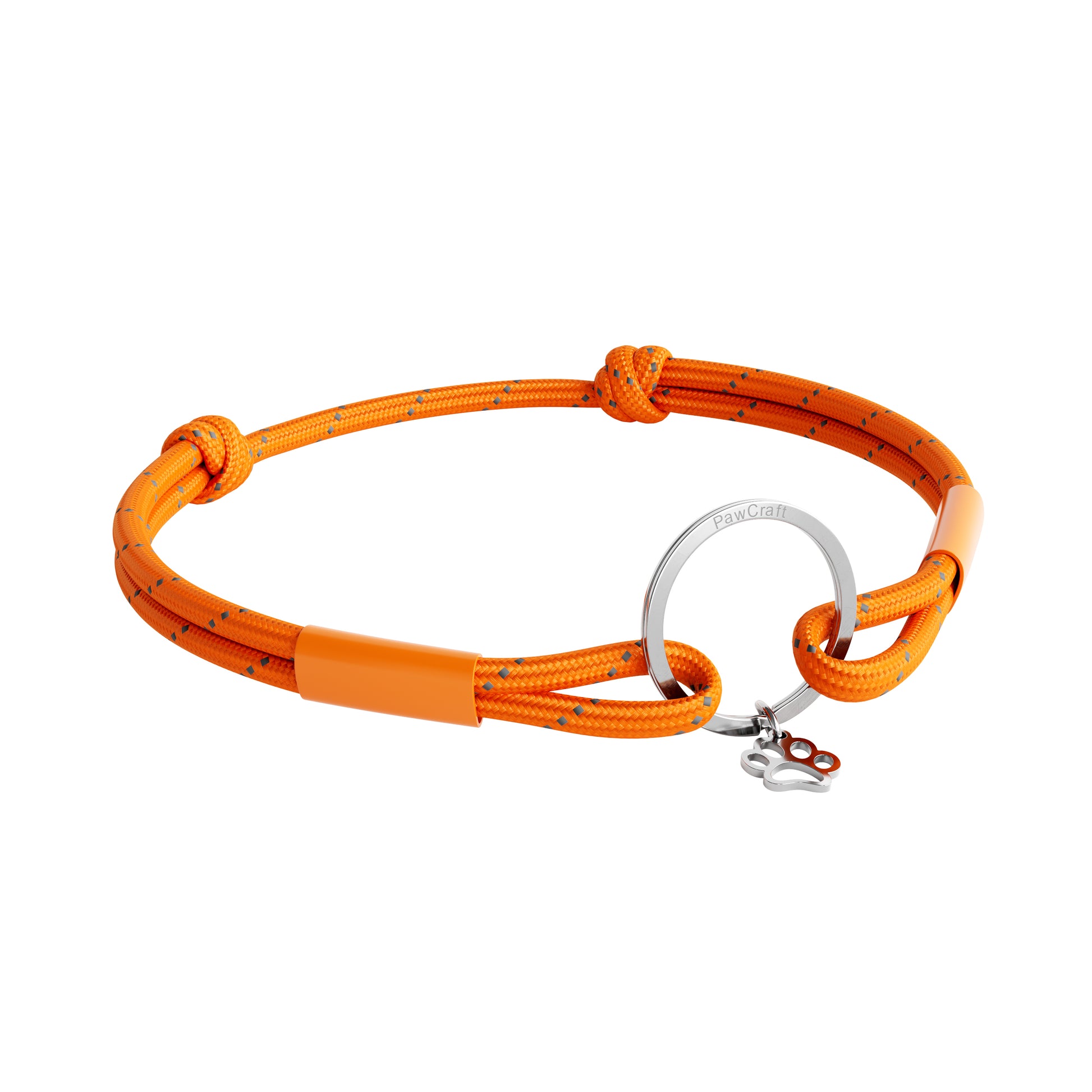 TagHug Reflective Orange ID tag holder on pet collar. Reflective handmade pet accessory for everyday safety.