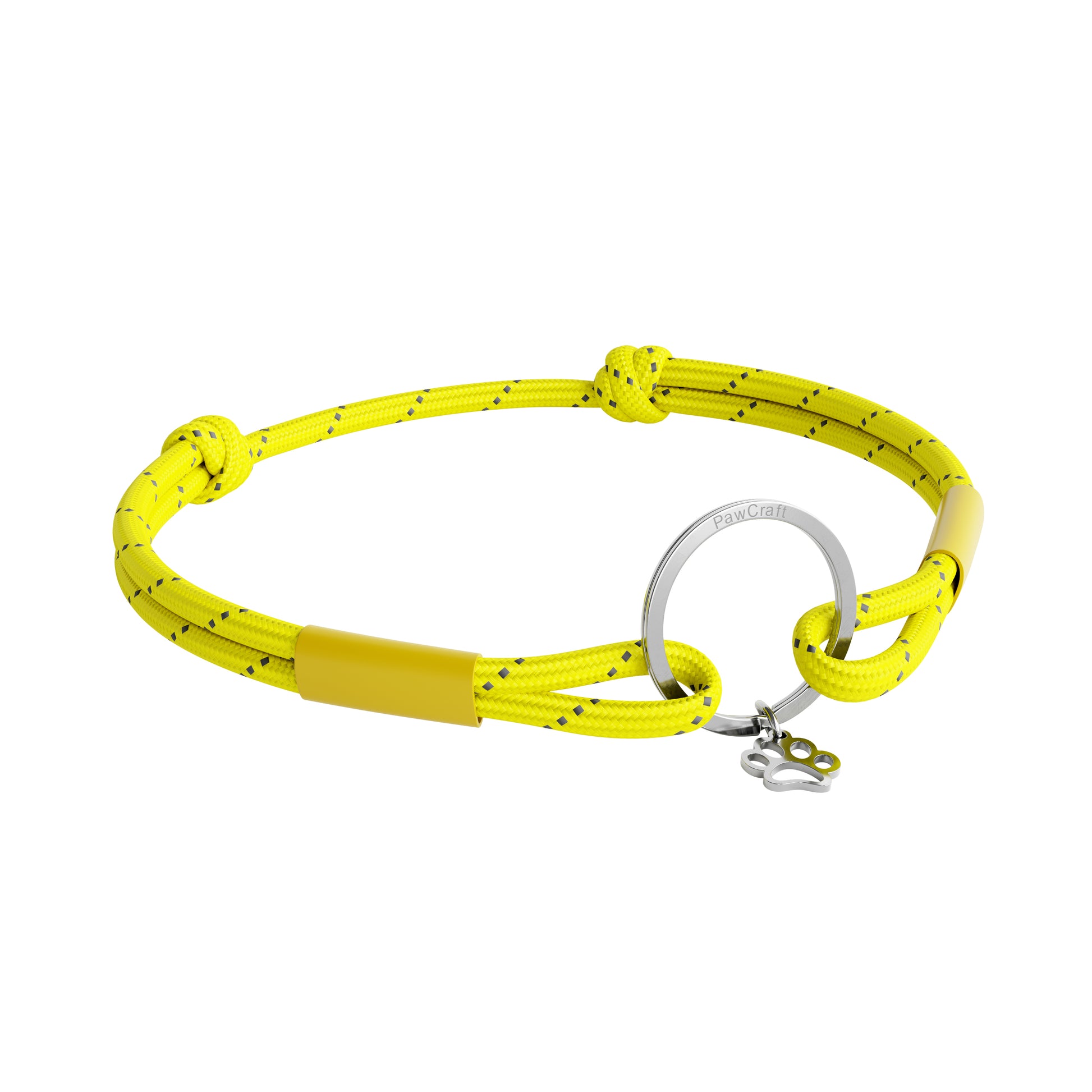 TagHug Reflective Yellow ID tag holder on pet collar. Bright reflective handmade accessory for dogs and cats.