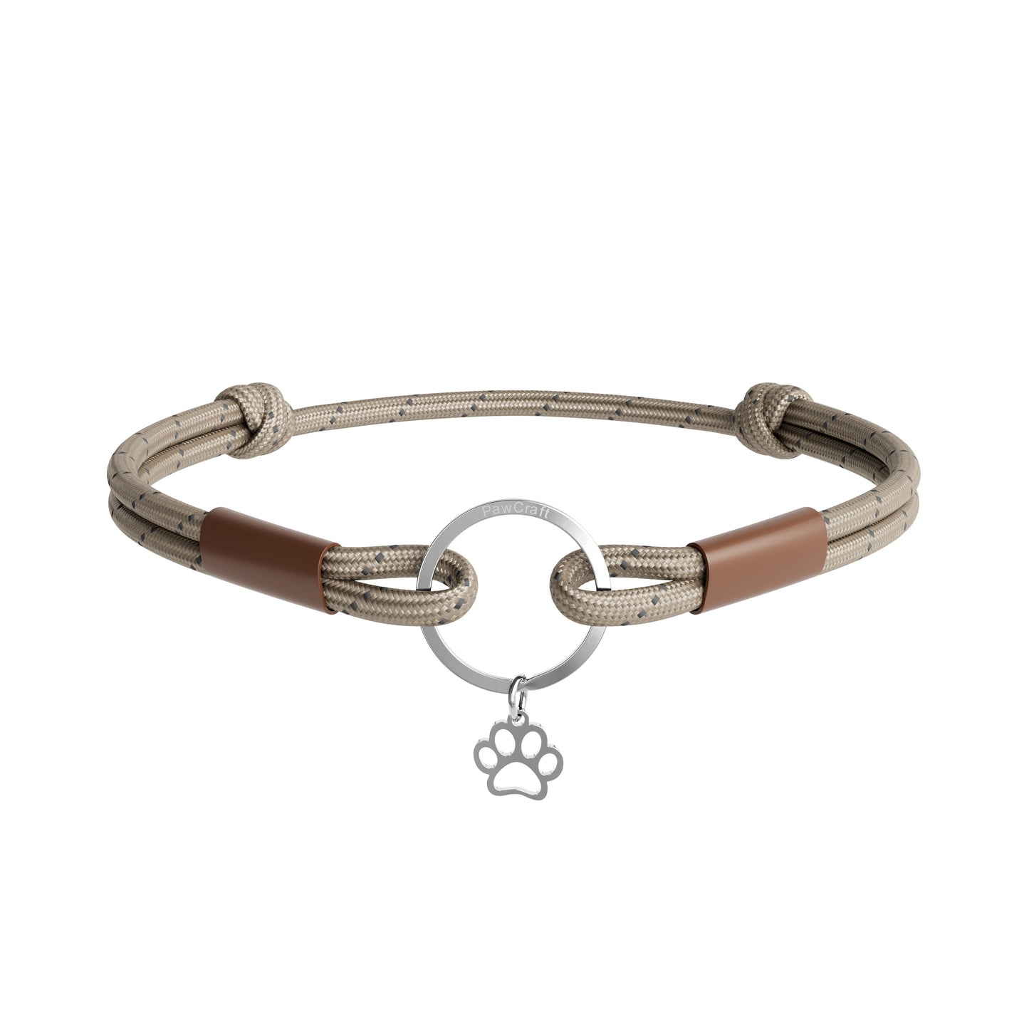 beige Pet id tag collar with paw charm on a white background