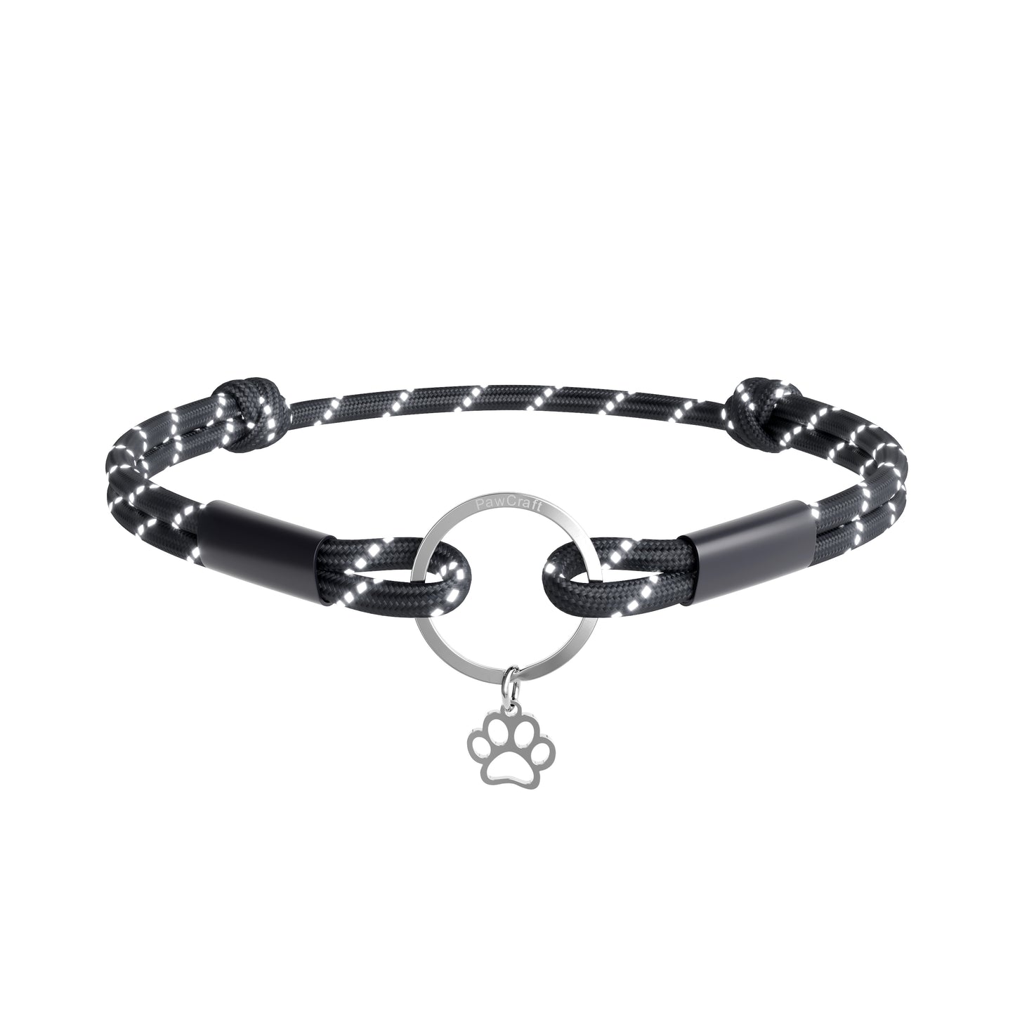 raflective Black and silver dog collar with paw charm on a white background