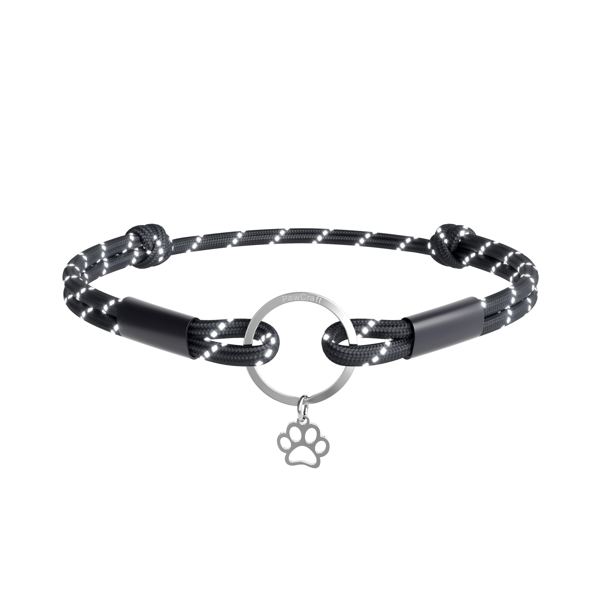 raflective Black and silver dog collar with paw charm on a white background
