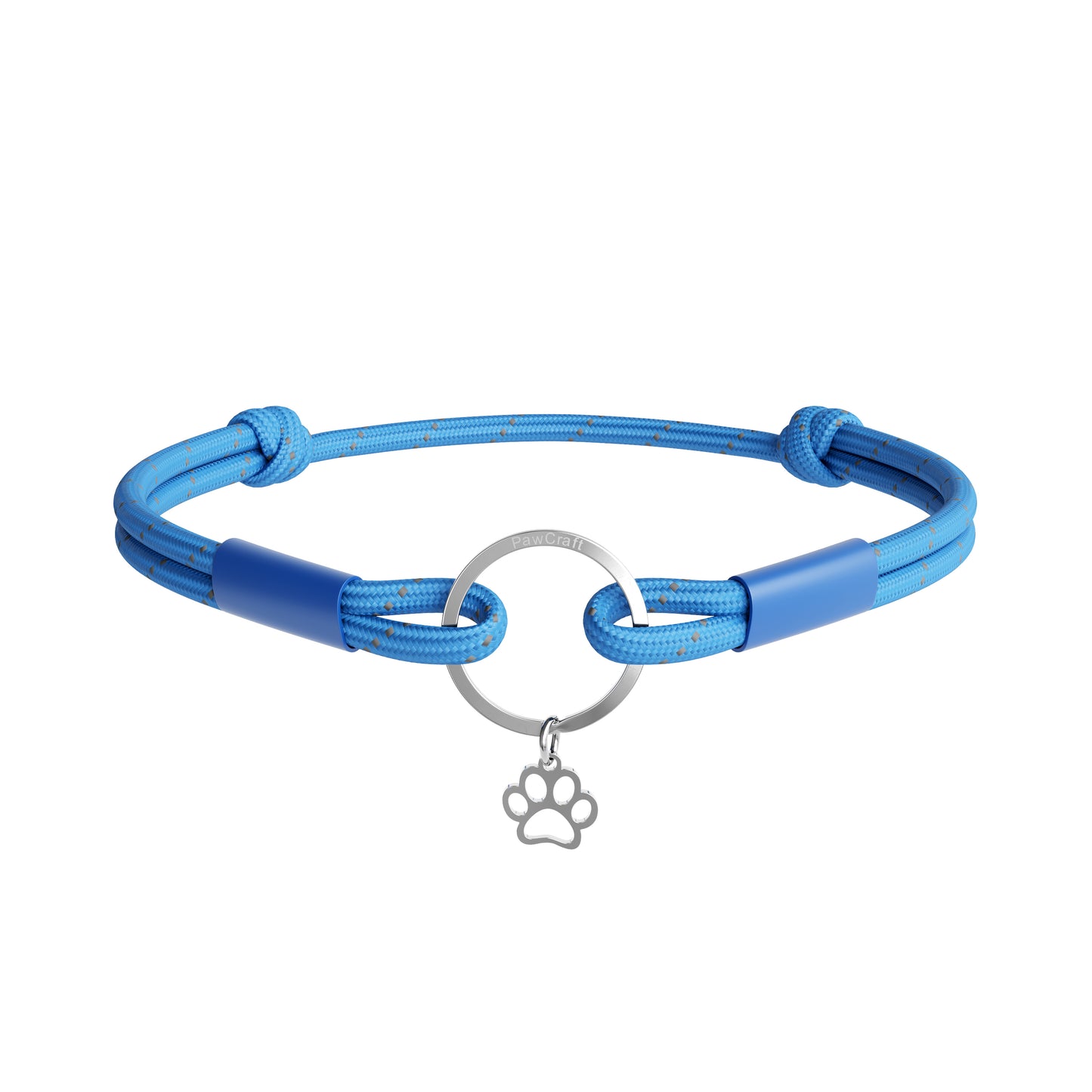 Blue dog collar with a silver paw charm on a white background