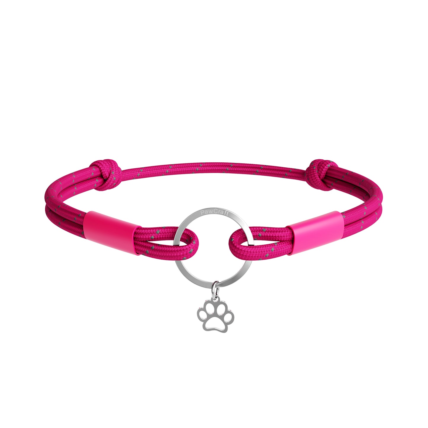 Pink dog collar with a silver paw charm on a white background