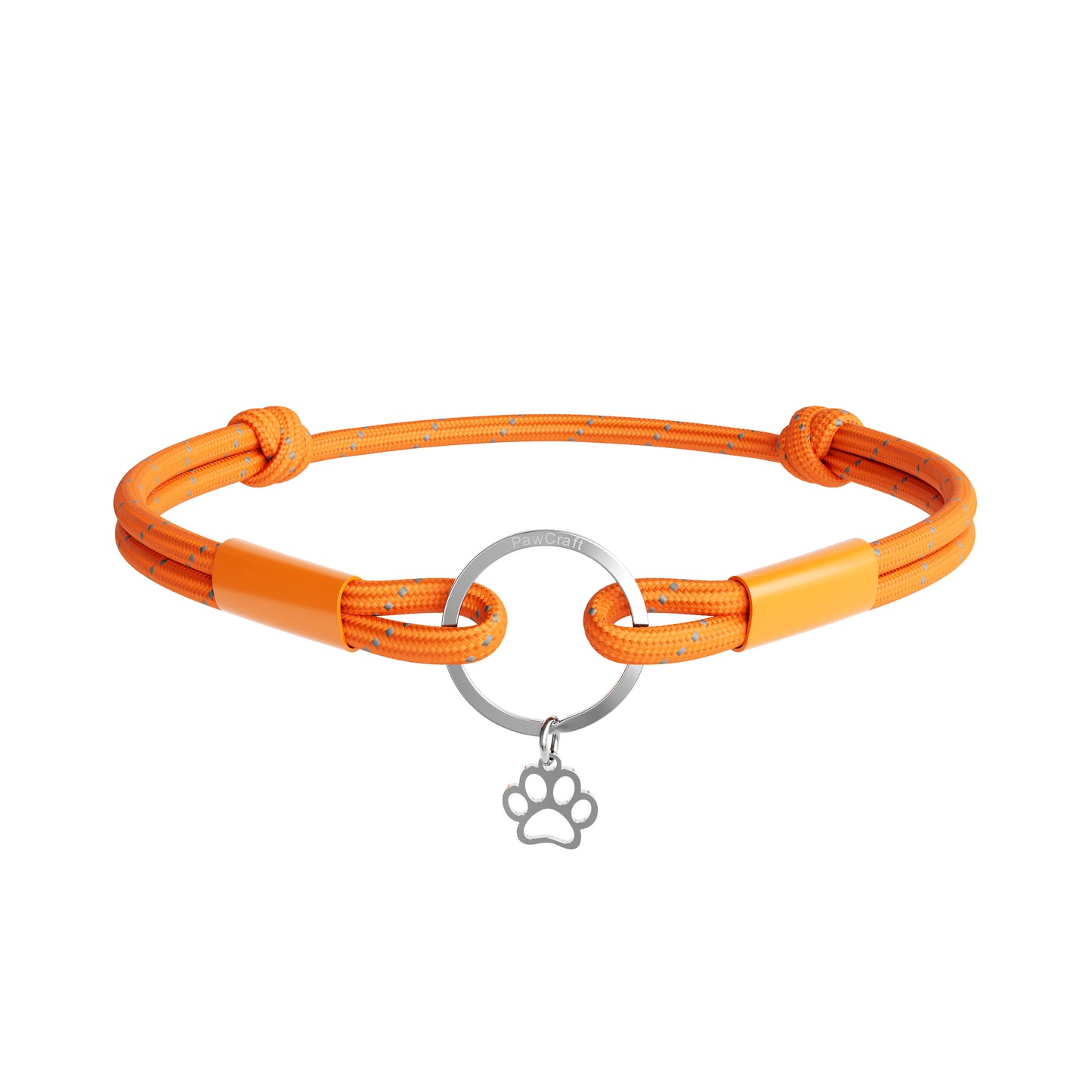 Orange dog collar with a silver paw charm on a white background