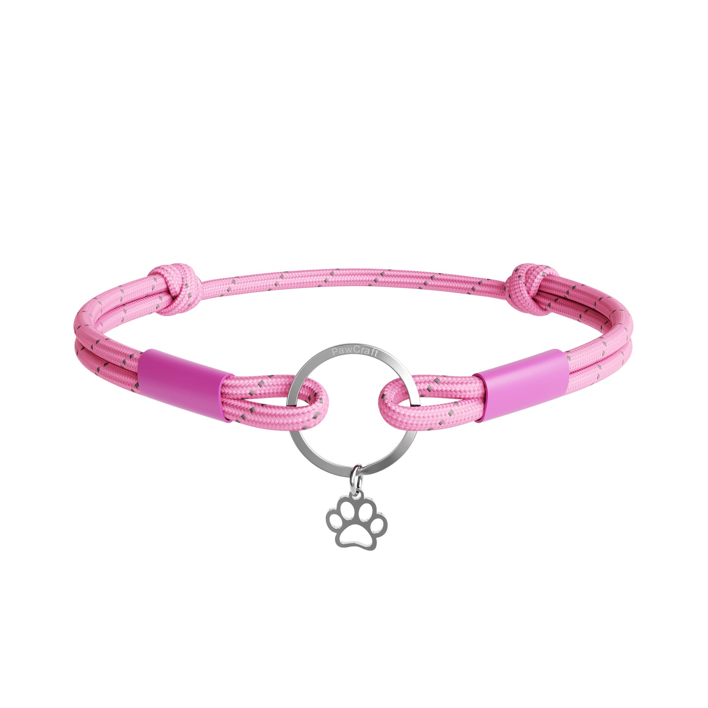 Pink dog collar with a silver paw charm on a white background