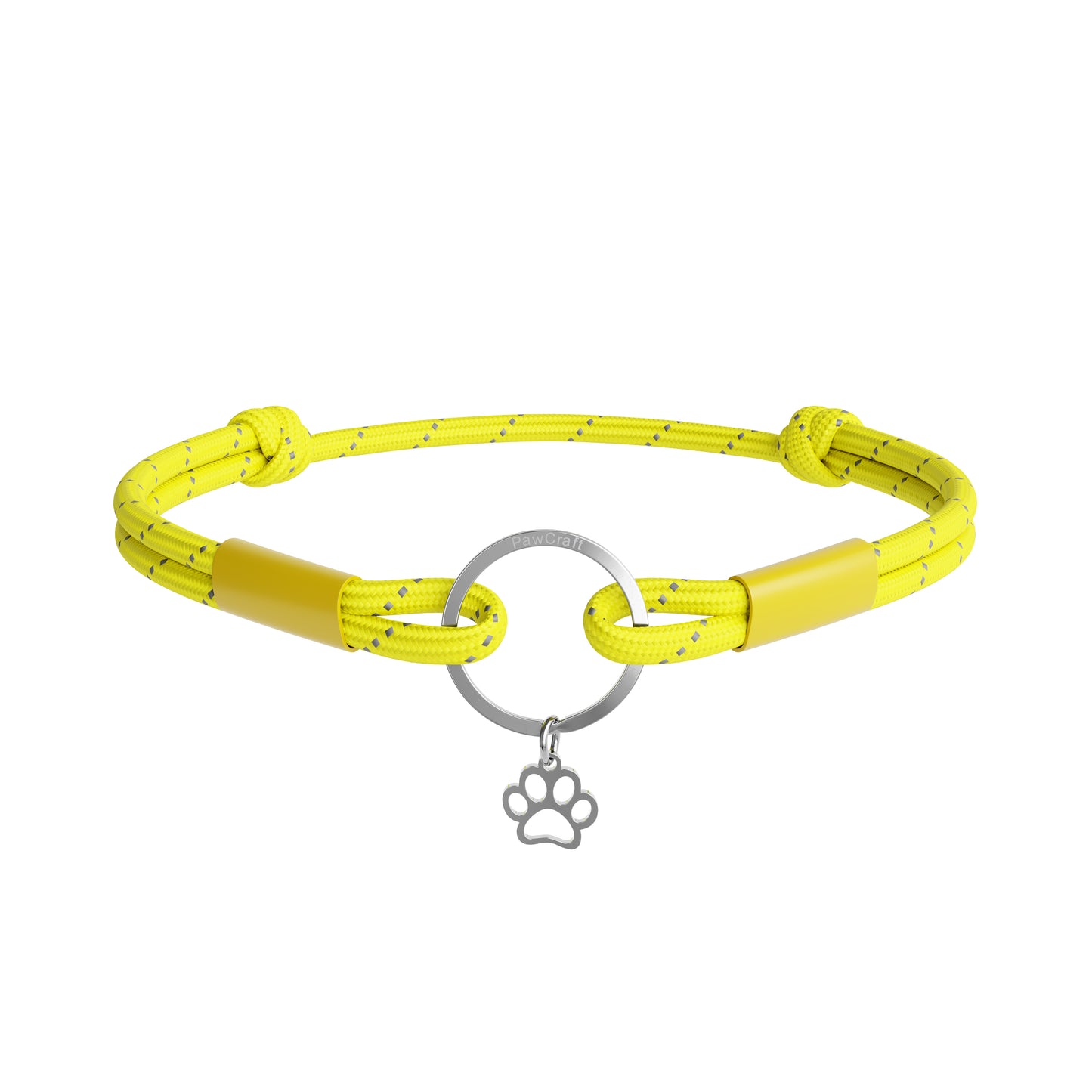 Yellow dog collar with a silver ring and paw charm on a white background