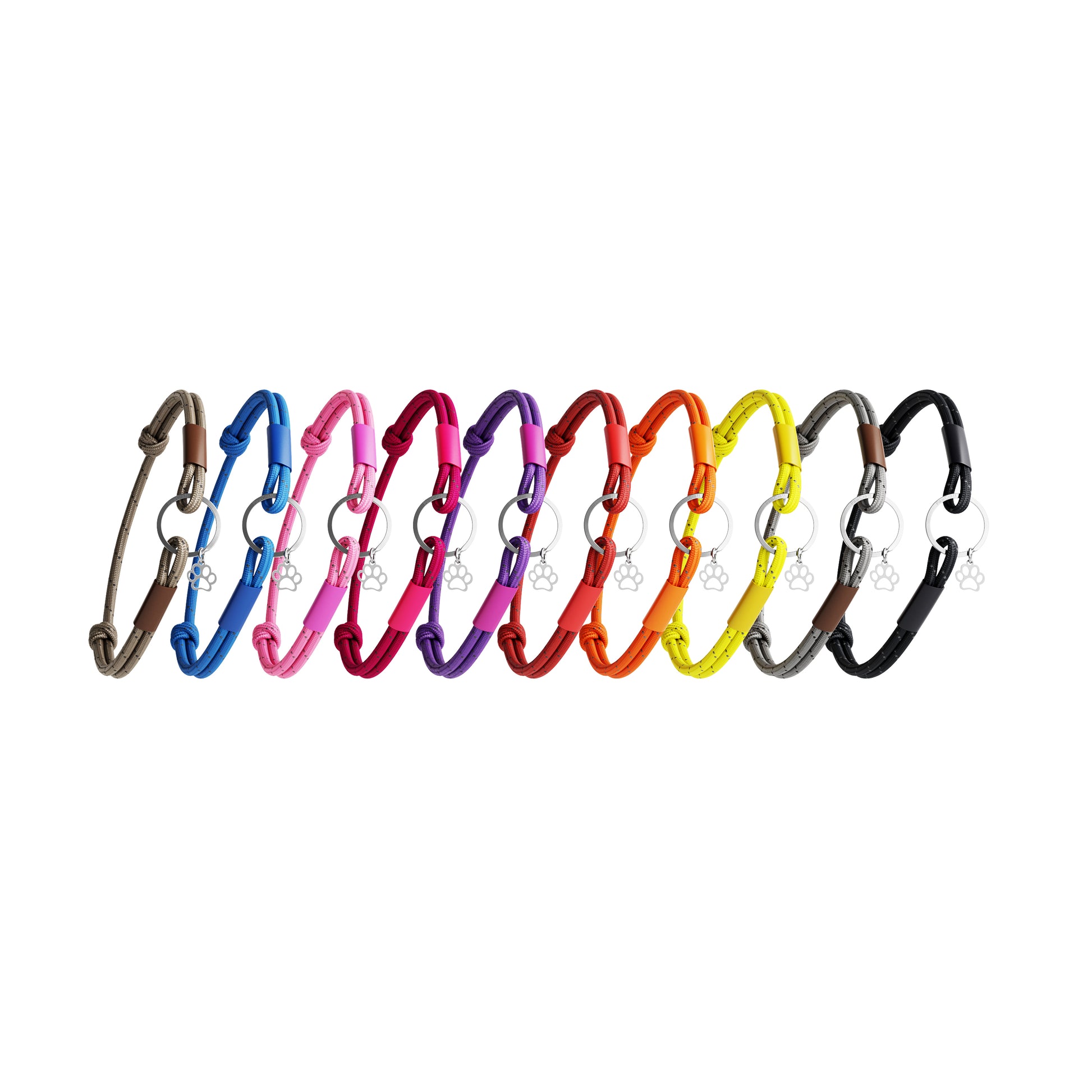 Set of colorful cat collars on a white background